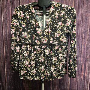 Love, Fire - Black Floral Peplum Blouse Long Sleeve Boho Top Size M